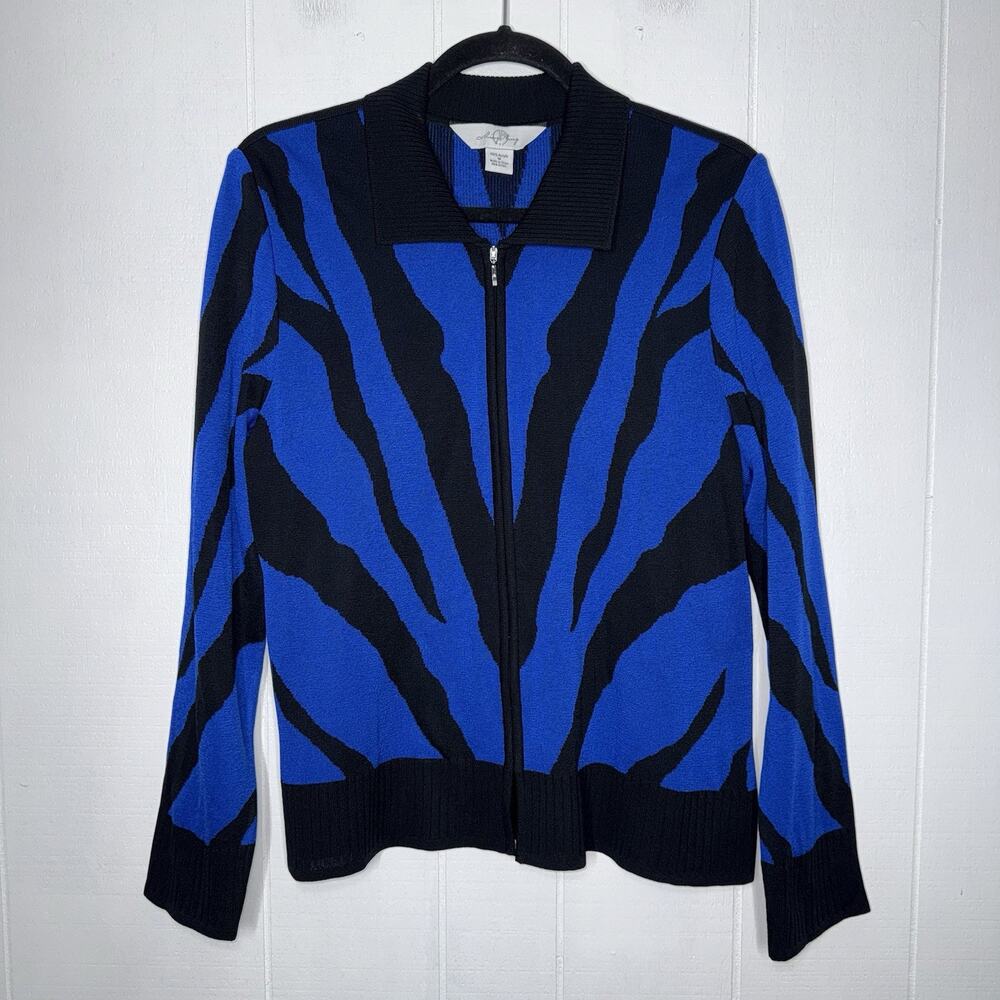 Ming Wang Women’s Zebra Print Zip Cardigan Knit Jacket Blue Black Size M